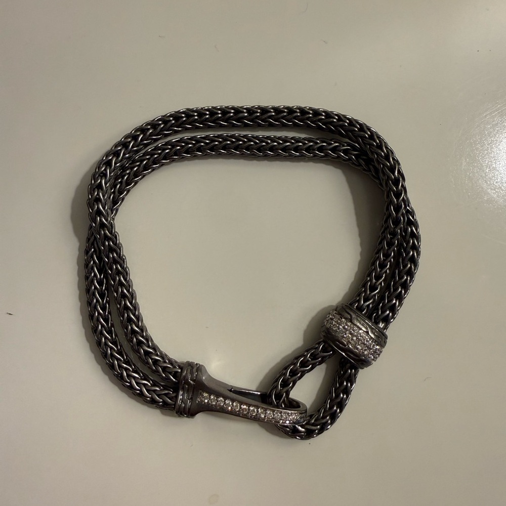 John Hardy Double Row Hook Clasp Bracelet with Diamonds - Dark Silver
